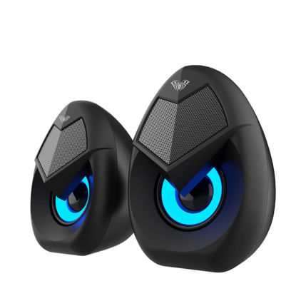 Picture of AULA N69 Computer Speakers, USB 2.0 Powered PC Speakers with RGB LED Lights, Stereo Surround Sound, 3.5mm AUX-in Wired Desktop Speaker for PC, Laptop, Tablet, Cellphone - Black
