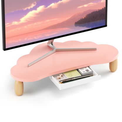 Picture of AFOOYO Monitor Stand Riser,Cloud-Shaped Sturdy Wood Computer Monitor Riser Wirh Drawer, Monitor Stand Riser, Multi-Purpose Desktop Organizer Riser for Computer,Laptop,Printer,TV,Pink