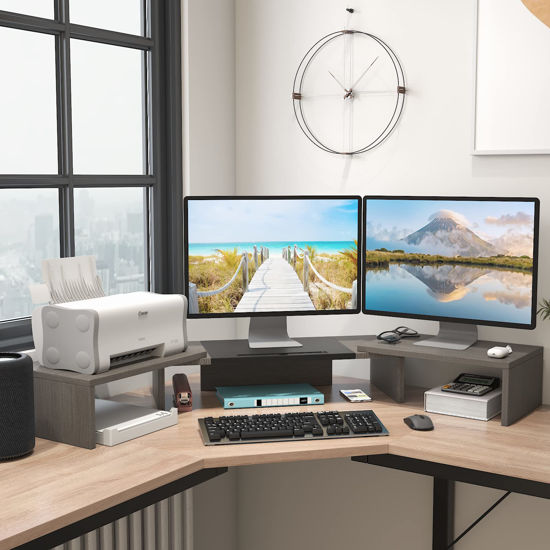 thumbnail image 2 of Triple Monitor Stand Riser - Adjustable Desk Organizer For 3 Screens With Storage Shelf 2 of 14