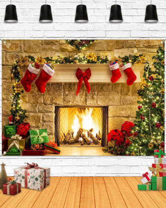 Picture of Mocsicka Christmas Backdrop 7x5ft Christmas Fireplace Backdrop Christmas Tree Gift Box Red Boots Adorn Background Backdrop Holiday Party Photography Background