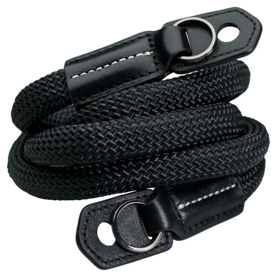 Picture of Vi Vante Sheetline Black Rope Camera Strap w/Nappa Leather Ends built in tension relief & electroplated key rings (Black w/White Stitching)