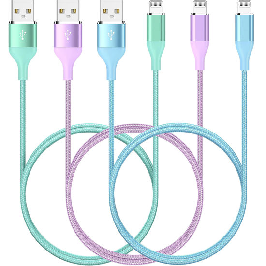Picture of iPhone Charger 3Pack Colored 10ft Lightning Cable 10FT Nylon Braid Cord,Apple MFi Certified for Apple Charger iPhone 14 13 12 11 Pro XS MAX XR SE X 8 7 6 s Plus