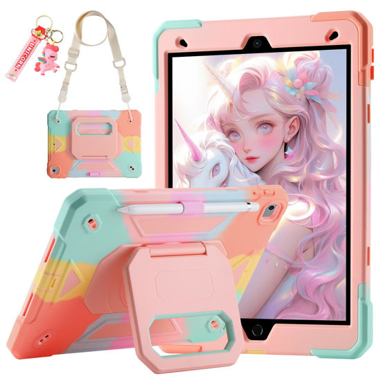 Picture of for iPad 9th/ 8th/ 7th Generation Case (iPad 10.2 inch Shockproof Case) with 360 Rotating Grip Magic Stand, Pencil Holder/Keychain/Carrying Shoulder Strap, Case for iPad 10.2 inch Girls (Colourful)