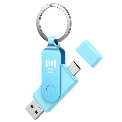 Picture of MOSDART 128GB USB3.1 Fast Speed C and A Dual Flash Drive, exFAT Memory Stick with Keychain and LED Indicator, for iPhone 15 and 16, Android Phone, iPad, MacBook, and Other Laptops, Sky Blue