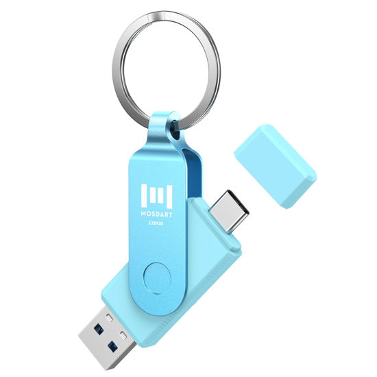 Picture of MOSDART 128GB USB3.1 Fast Speed C and A Dual Flash Drive, exFAT Memory Stick with Keychain and LED Indicator, for iPhone 15 and 16, Android Phone, iPad, MacBook, and Other Laptops, Sky Blue