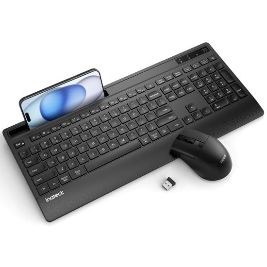 Picture of Inateck Wireless Keyboard and Mouse Combo, Full-Size Keyboard with Wrist Rest, Phone Holder, 2.4 GHz Wireless/Bluetooth Silent, Compatible with Computer, Laptop, PC, Mac, Windows