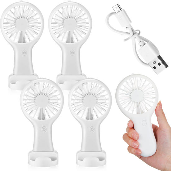 Picture of Woanger 4 Pcs Mini Handheld Fan Bulk Battery Operated Small Fans with Data Cable and Mounting Base Portable USB Electric Fan Small Rechargeable Quiet Pocket Fan Summer (White)