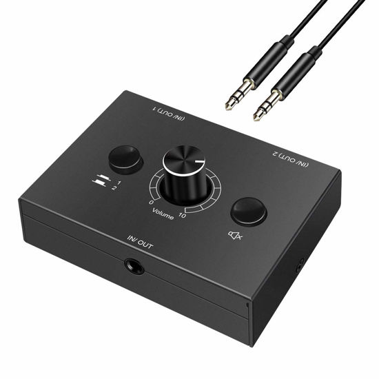 Picture of 3.5mm Stereo Audio Switch 2-Way 3.5mm Switcher Manual Selector Audio Splitter Box 1 in 2 Out/2 in ONE Out Audio Sharing with Mute Button