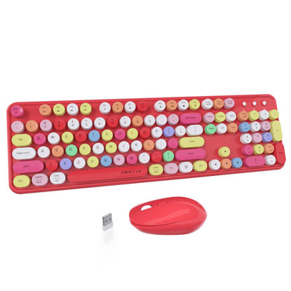 Picture of UBOTIE Colorful Computer Wireless Keyboard Mouse Combos, Typewriter Flexible Keys Office Full-Sized Keyboard, 2.4GHz Dropout-Free Connection and Optical Mouse (Red-Polychrome)