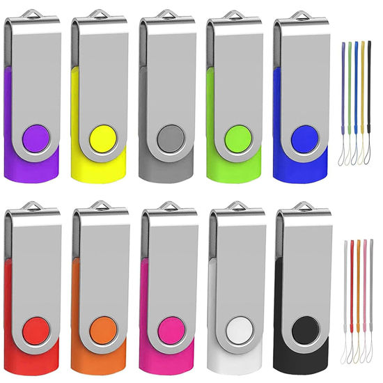 Picture of 64GB Flash Drive 10 Pack, Wooolken USB 2.0 Thumb Drive Bulk Pen Drive Metal Swivel Memory Stick 64GB 10 Colors Multipack Value Zip USB Drives with Lanyard