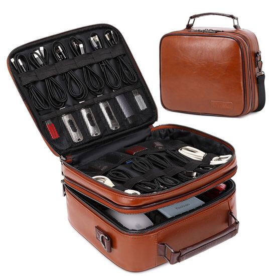 Picture of KYALOU Electronics Travel Organizer, Large Electronic Accessories Cable Case with Adjustable Dividers, Waterproof Tech Storage Bag Gifts with Double Layers for Cord, Charger, Power Bank - Brown
