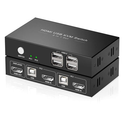 Picture of KVM Switch HDMI 2 Port Box,USB Switch selector with 4 USB 2.0 Hub Share 2 Computers, UHD 4K@30Hz, Support Wireless Keyboard and Mouse, Powered by USB,with 2 HDMI and 2 USB Cables…