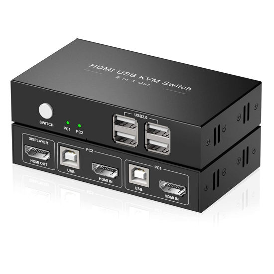 Picture of KVM Switch HDMI 2 Port Box,USB Switch selector with 4 USB 2.0 Hub Share 2 Computers, UHD 4K@30Hz, Support Wireless Keyboard and Mouse, Powered by USB,with 2 HDMI and 2 USB Cables…