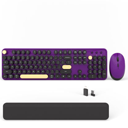 Picture of Wireless Computer Keyboards Mouse Combos, COVEVA Colorful Typewriter Retro Keyboard with Round Keycaps, USB Keyboard and Mouse Set 2.4GHz Full-Size Wireless Keyboard and Optical Mouse（Black-Purple）