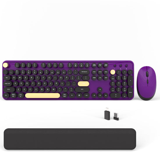 Picture of Wireless Computer Keyboards Mouse Combos, COVEVA Colorful Typewriter Retro Keyboard with Round Keycaps, USB Keyboard and Mouse Set 2.4GHz Full-Size Wireless Keyboard and Optical Mouse（Black-Purple）