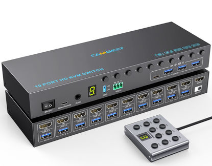 Picture of 10 Port 8 Port HDMI KVM Switch 4K@60Hz EDID Simulation, USB3.0 KVM Switch HDMI for 10 Computers Share 1 Monitor and 4 USB Devices, KVM Switches with Audio RS232 Wied Remote 12V Power and USB Cable
