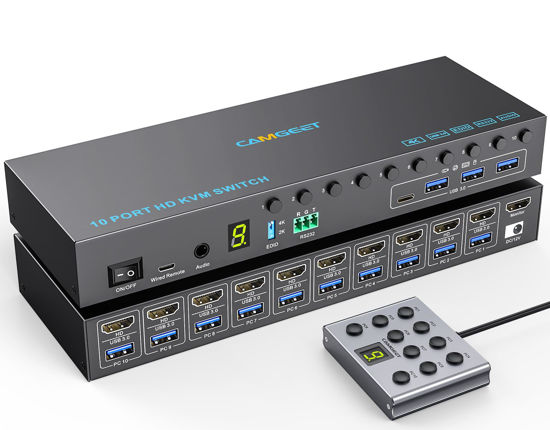 Picture of 10 Port 8 Port HDMI KVM Switch 4K@60Hz EDID Simulation, USB3.0 KVM Switch HDMI for 10 Computers Share 1 Monitor and 4 USB Devices, KVM Switches with Audio RS232 Wied Remote 12V Power and USB Cable