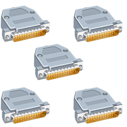 Picture of Jienk 5PCS DB25 Male RS232 D-SUB Serial Solder Cup Connectors Kit, Gold Plated Joints RS232 Serial Solder Type Port 25 Pin D Sub Couplers with Plastic Hoods, Strain Relief Grommet and Screws