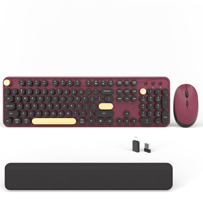 Picture of Wireless Computer Keyboards Mouse Combos, COVEVA Colorful Typewriter Retro Keyboard with Round Keycaps, USB Keyboard and Mouse Set 2.4GHz Full-Size Wireless Keyboard and Optical Mouse（Black-Claret）