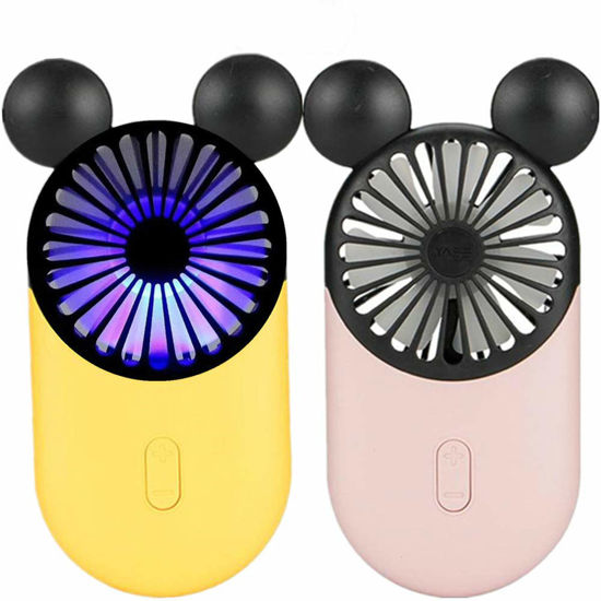 Picture of Kbinter Cute Personal Mini Fan, Handheld & Portable USB Rechargeable Fan with Beautiful LED Light, 3 Adjustable Speeds, Portable Holder, for Indoor Outdoor Activities, Cute Mouse 2 Pack (Yellow+Pink)