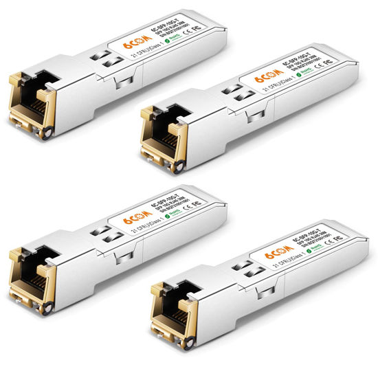 Picture of 6COM 4Pack 1.25G/2.5G/5G/10GBase-T SFP+ Transceiver, 10G SFP+ to RJ45 Copper Module, Compatible for Cisco SFP-10G-T-S, Ubiquiti UF-RJ45-10G, Fortinet, Netgear,Mikrotik, TP-Link(CAT.6a/7, 30m/98.4ft)