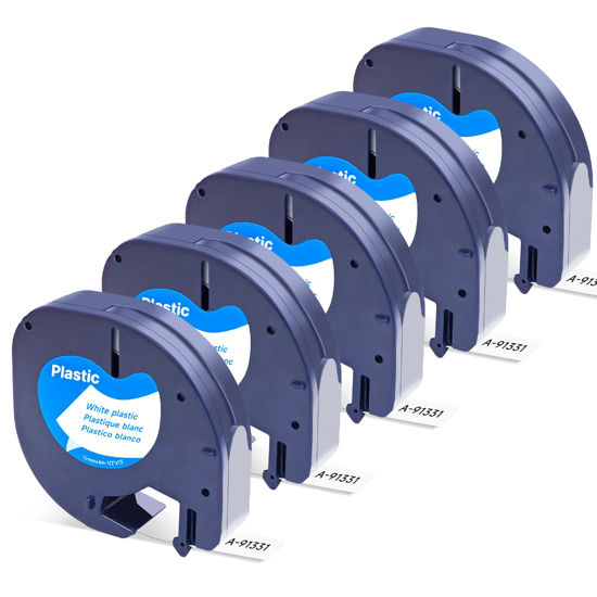 Picture of DYMO LetraTag Refills, Replacement for Dymo Label Maker Refills, 91331 Plastic Label Tape 12mm (1/2" x 13ft) Compatible Dymo Lables for Letra Tag 100H 100T 200B QX50 (Black on White, 5 Pack)