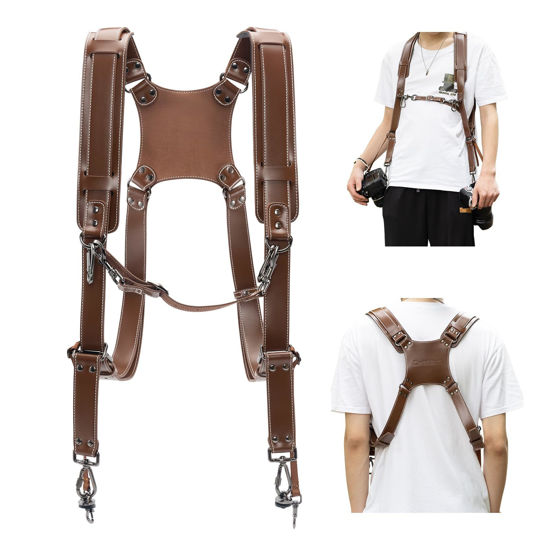 Picture of Cwatcun Camera Strap, Camera Harness for Photographers-Leather Dual Camera Neck Shoulder Straps for Canon, Nikon, Sony, Fuji DSLR SLR Mirrorless Camera- 2.0 S Coffee