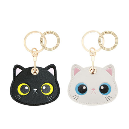 Picture of XEEWEN 2 Pack Cute Cat Airtag Leather Keychain Holder, Kawaii Black White Kitty Key Ring Case Cover for Apple Airtag