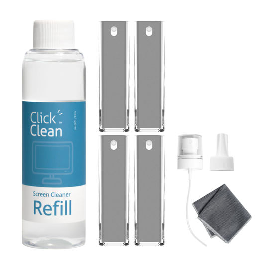 Picture of Click Clean Screen Cleaner Kits - 4 All-in-One Screen Cleaner with 4 oz Cleaner Refill, 1 Microfiber Cloth(7.8 x 7.8in), 1 Mini Refill Funnel, and 1 Sprayer - for All Phones, Laptop and Tablet Screens