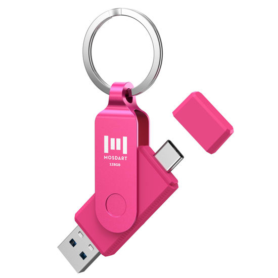 Picture of MOSDART 128GB USB C Dual Flash Drive Speed Up to 150MB/s with Keychain - 2 in 1 OTG USB3.1 Type-C Thumb Drive Memory Stick for USB-C Android Phones, iPhone 15/16, MacBook, iPad, Computers,etc. Pink