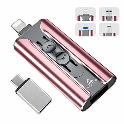 Picture of (DO NOT Need APP) Photo Stick, Anyoug USB Flash Drive 128GB Compatible for iPhone, 4 in 1 Thumb Drive Jump Drive Memory Stick Photo Backup Drive Compatible iPhone/iPad/Android/PC OTG Smart Phone Pink