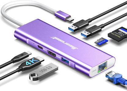 Picture of Hiearcool USB C Hub, USB C Ethernet Dongle 4K@60Hz HDMI Multi-Port Adapter, USB C Docking Station Compatible for MacBook Dell HP Thunderbolt 3 4 Laptops-Purple