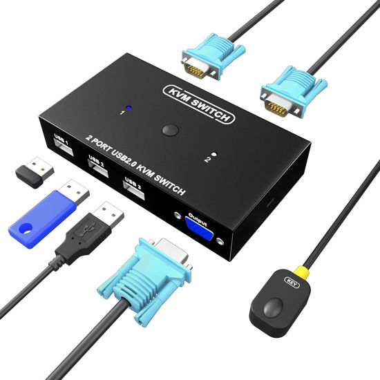 Picture of KVM Switch VGA 2 Port, DiamondTiger VGA KVM Switch for 2 Computers Share 1 Monitor & 3 USB 2.0 Keyboard Mouse Scanner Printer,U Disk, Driver-Free for All OS,2 KVM Cables 1 Desktop Controller Included