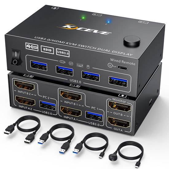 Picture of KVM Switch 2 Computers 2 Monitors, KCEVE Dual Monitor HDMI KVM Switcher USB 3.0 Version, 4K@60Hz HD Resolution, Support Copy and Extended Display, with EDID Function to Keep Window in Right Place
