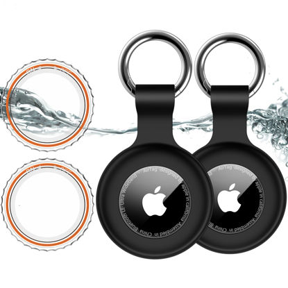 Picture of 2 Pack,IPX8 Waterproof Airtag Holder for Apple Air Tags with Air Tag Keychain,Shockproof GPS Cover [Anti-Scratch] [PC+Silicone] Air-Tag Item Finders Case for Pets,Kids,Keys,Luggages-Black+Black