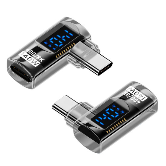 Picture of Jadebones 2 Pack 90 Degree USB C Adapter with Digital Display, 140W Right Angle USB-C Male to Female Connector for iPhone 16/15 Series, MacBook, Support Voltage, Current and Power Smart LED Display