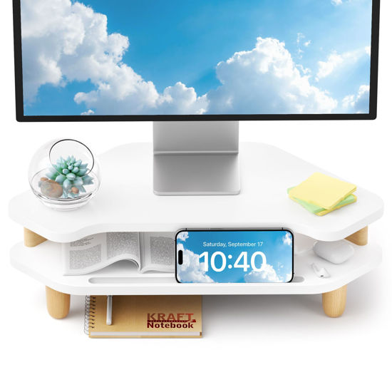 Picture of AFOOYO Monitor Stand Riser,2 Tier Corner Wood Monitor Stand Sturdy Computer Stand Multi-Purpose Desktop Storage Stand for Laptop,PC,iMac,Printer,Computer,White
