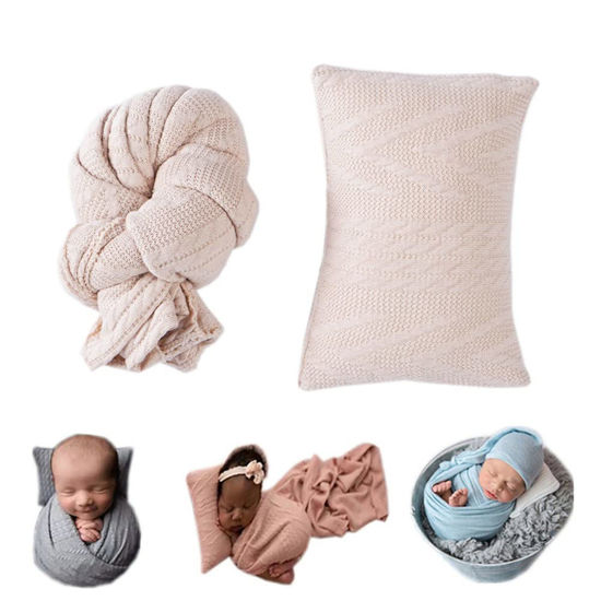 Picture of Coberllus Newborn Photography Props Blanket Stretch Knitted Twist Wrap & Posing Pillow Prop for Baby Boys Girls Photo Shoot Set (Beige)