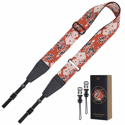 Picture of Padwa Lifestyle Adjustable Camera Strap - 2" Wide Top Layer Cowhide Head Camera Straps for Photographers, Vintage Adjustable Neck Shoulder & Crossbody Strap Quick Release fits All Cameras-Brown Flower