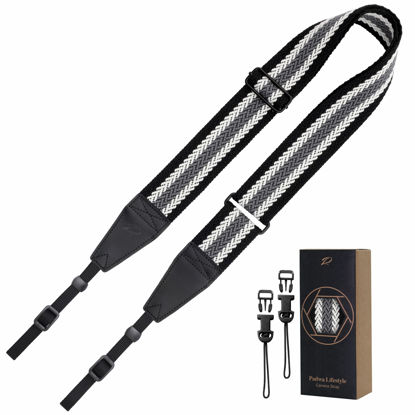 Picture of Padwa Lifestyle Adjustable Stripes Camera Strap - 2" Wide Top Layer Cowhide Head Camera Straps for Photographers, Adjustable Soft Cotton Rope Weave Neck & Crossbody Strap Quick Release for All Cameras