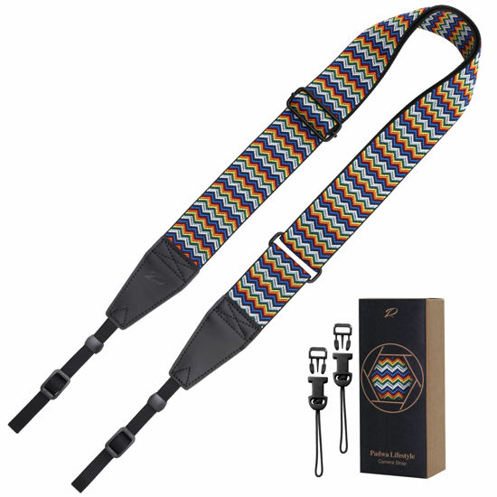 Picture of Padwa Lifestyle Adjustable Camera Strap - 2" Wide Top Layer Cowhide Head Camera Straps for Photographers, Vintage Adjustable Neck Shoulder&Crossbody Strap Quick Release for All Cameras -Rainbow Ripple