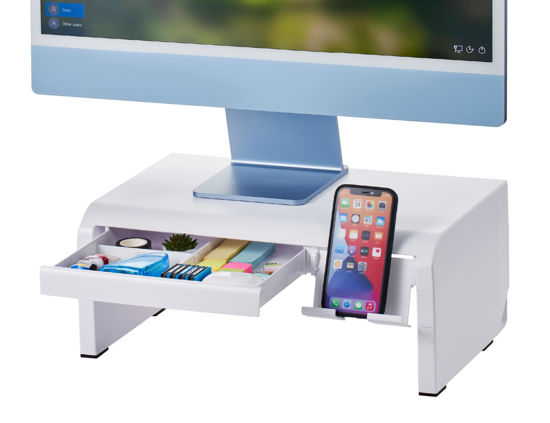 Picture of Bostitch Konnect Adjustable Monitor Riser with Drawer & Cell Phone Holder, Laptop Stand for Desk, 4 Height Levels, Cable Management & Rubber Feet
