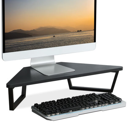 Picture of TEAMIX 26 inch Triangle Monitor Stand Riser, Desktop Corner Shelf with Metal Leg Wood Computer Stand with Storage Laptop Riser Office Organization