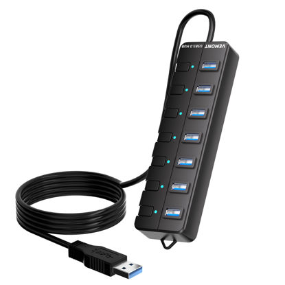 Picture of USB HUB,VEMONT 7 Port USB 3.0 Hub with Individual On/Off Switches and Lights, USB Splitter hub with 4ft/1.2m USB HUB Long Cable, USB Extension for Laptop and PC Computer