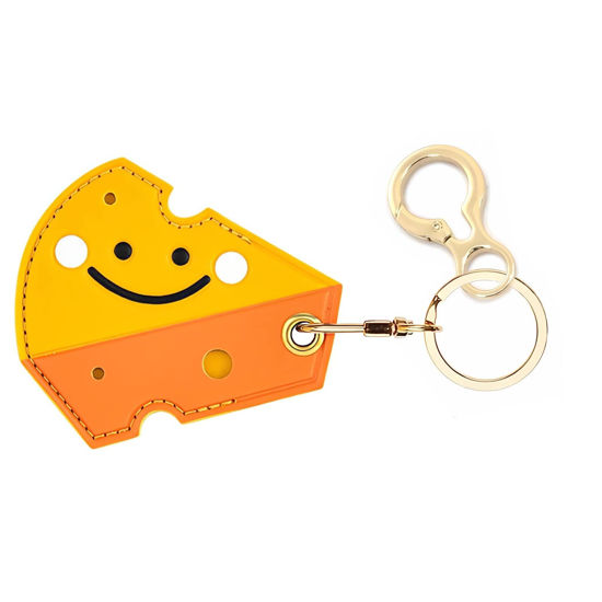 Picture of BORKUANA Leather Keychain Holder Case Compatible with Apple AirTag, Cute Protective Air Tag Cover With Keychain Ring, Anti-Scratch Finder GPS Tracker Case for Wallet Keys(Cheese)