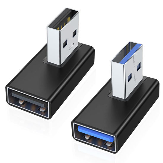 Picture of AreMe 90 Degree USB 3.0 Adapter 2 Pack, Left and Right Angle USB A Male to Female Converter Extender for PC, Laptop, USB A Charger, Power Bank and More (Black)
