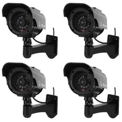 Picture of NONMON 4 Pack Outdoor Fake Security Camera, Bullet Dummy Security Camera Simulated Surveillance System with Realistic Red Flashing Lights and Warning Sticker,Solar Powered