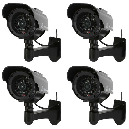 Picture of NONMON 4 Pack Outdoor Fake Security Camera, Bullet Dummy Security Camera Simulated Surveillance System with Realistic Red Flashing Lights and Warning Sticker,Solar Powered