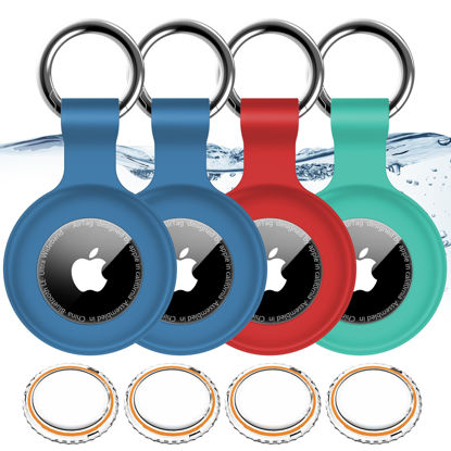 Picture of 4 Pack,IPX8 Waterproof Airtag Holder for Apple Air Tags with Air Tag Keychain,Shockproof GPS Cases [Anti-Scratch] [PC+Silicone] Air-Tag Item Finders Cover,Lovely Air Tags Cover,Blue/Blue/Red/Green