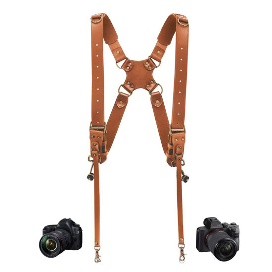 Picture of 4J LEDR Camera Harness,Leather Dual Shoulder Strap for Photographer,Dual Camera Harness for 2 Cameras Carrying for Men&Women,Multi Camera Gear for DSLR/SLR Strap,Quick Release,Small Size,Tan